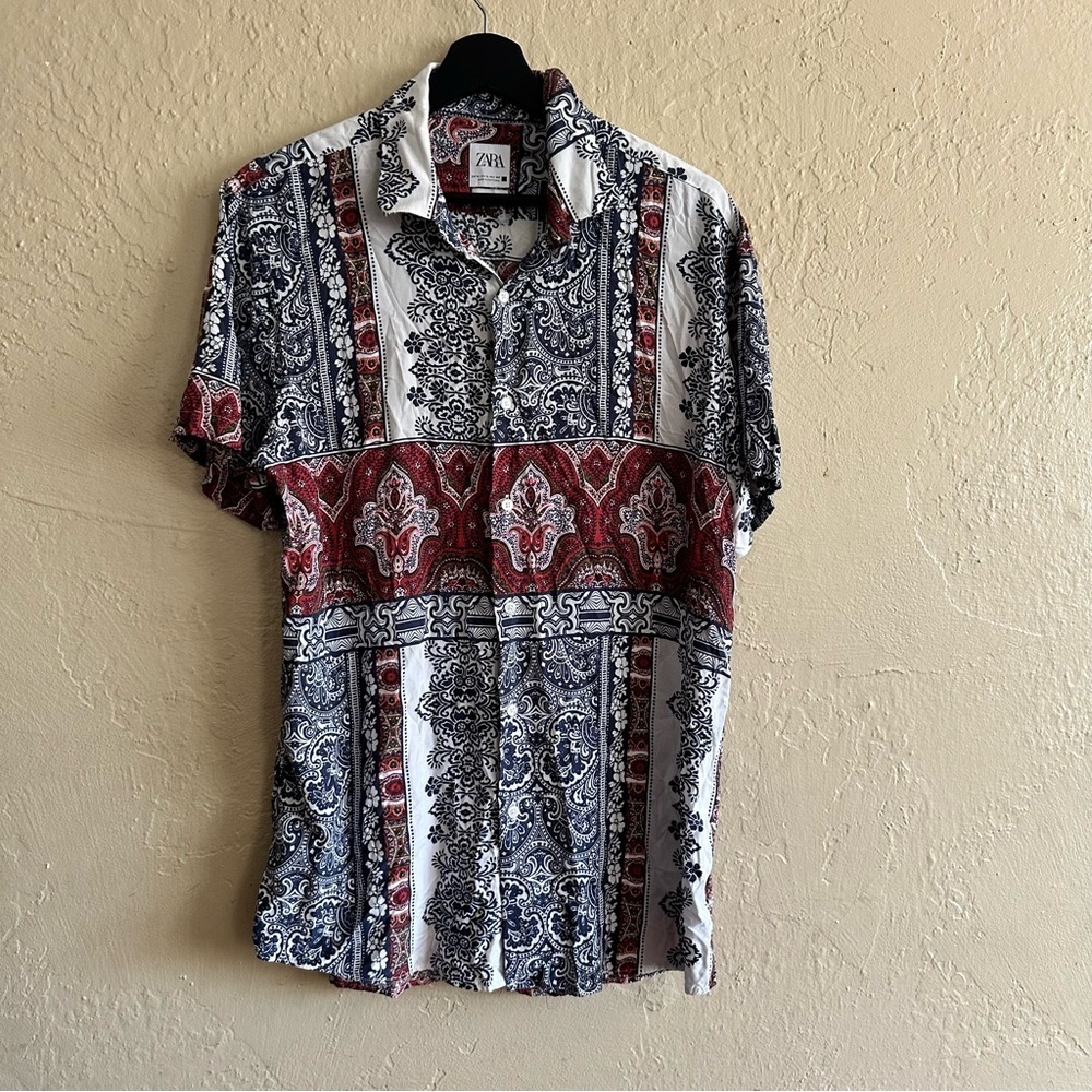 Zara Men's Red, Black, and White Patterned Shirt